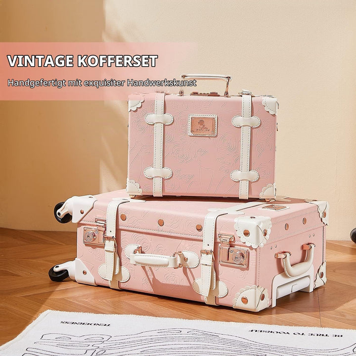 Unitravel Vintage Koffer Set 2 Teilig, Retro PU-Leder Handgepäck Koffer mit Kosmetikkoffer, Geprägte