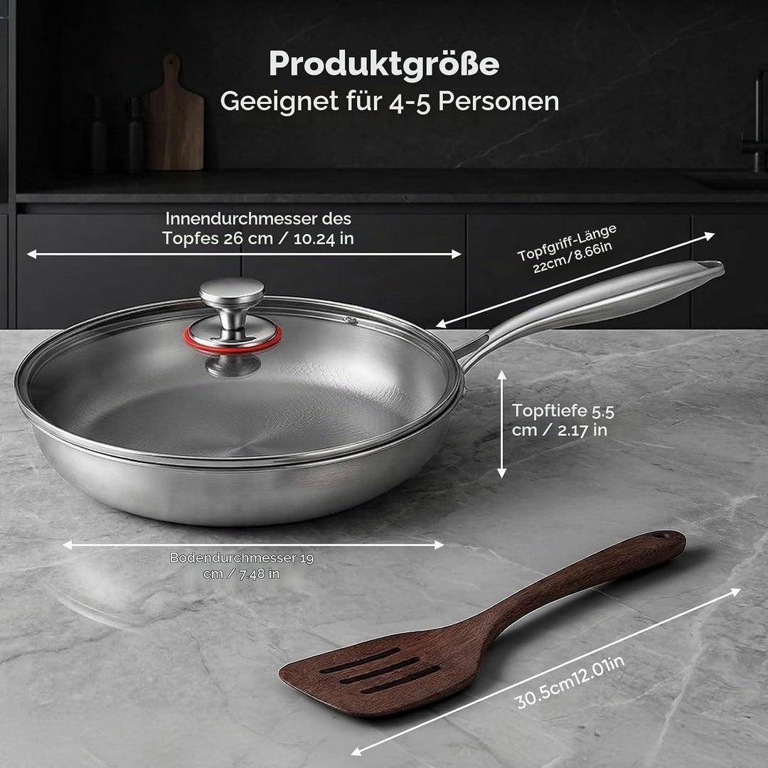 Titan Bratpfanne 26 cm mit Deckel–Unbeschichtete Pfanne aus 99,7% reinem Titan &amp; 316L Edelstahl, ohn
