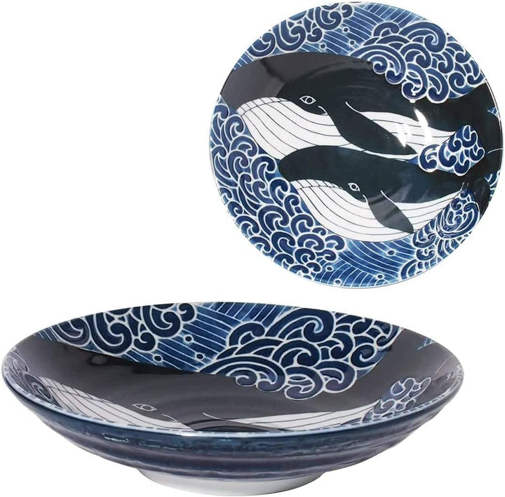 Suppenteller aus japanischer Keramik, Mino-Yaki, für Suppe, Salat, Pasta, 22 cm, Motiv: Blauwal, Set
