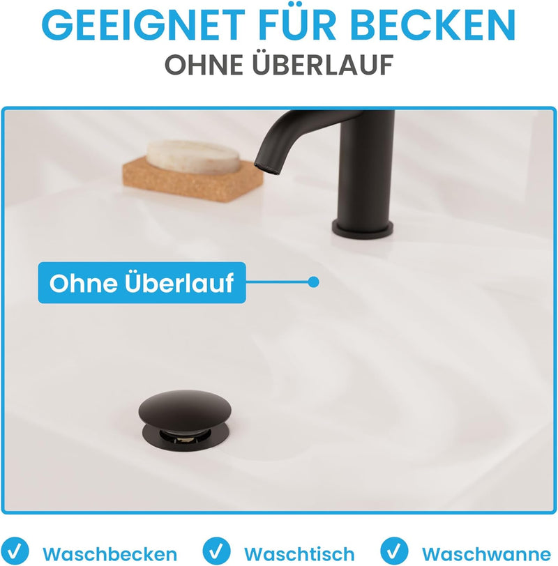 Bächlein Universal Ablaufgarnitur ohne Überlauf (Matt Schwarz) - Pop Up Ventil für Waschbecken und W