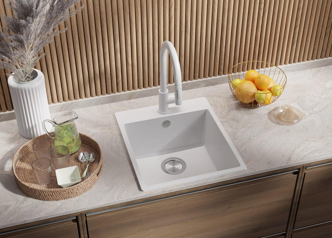 PRIMAGRAN Spülbecken Weiss 43x50cm, Granitspüle 1 Becken + Ablauf-Set, Küchenspüle ab 45er Unterschr