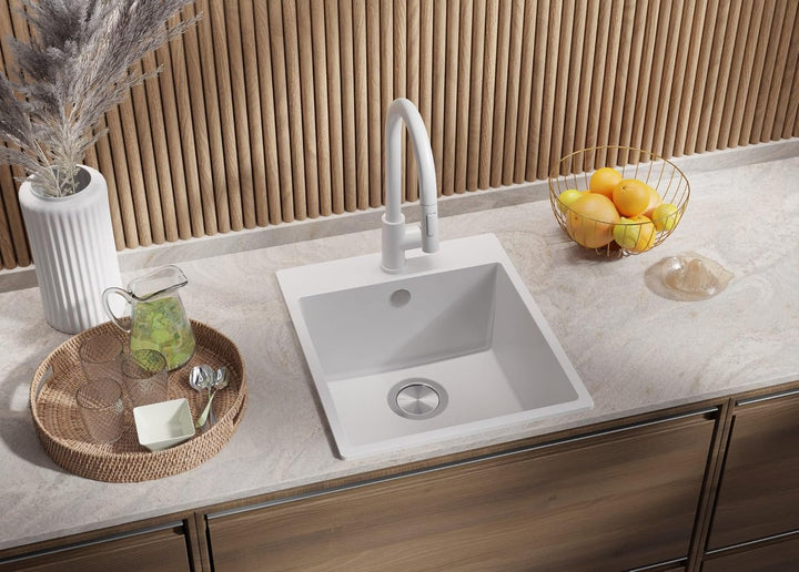 PRIMAGRAN Spülbecken Weiss 43x50cm, Granitspüle 1 Becken + Ablauf-Set, Küchenspüle ab 45er Unterschr