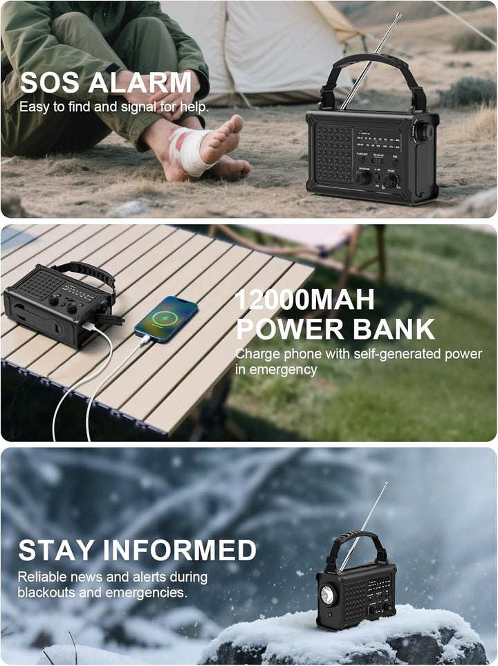 ROCAM 12000mAh Notfallradio, Kurbelradio mit 8500mm² Solarpanel & 650mA Kurbel, Tragbares Solar Radi