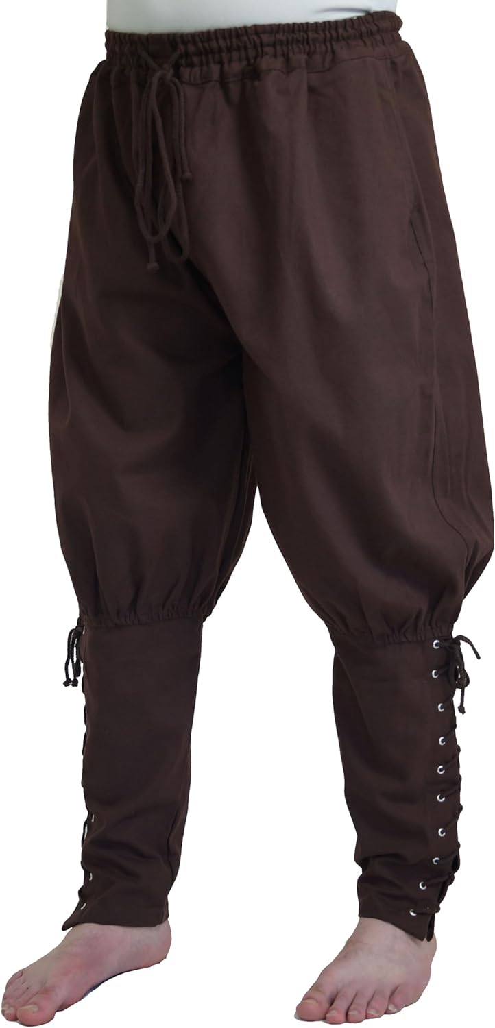 MAYLYNN Mittelalter Hose mit Taschen und Schnürung Wikinger Kelte, braun, Grösse:M M Braun, M Braun