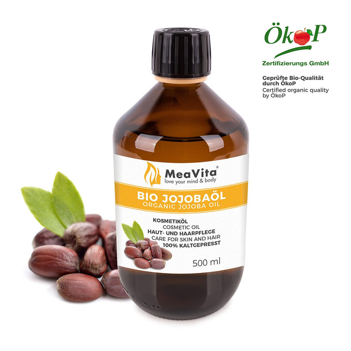 MeaVita Jojobaöl Gold - 1 reines kaltgepresstes Öl, ÖKoP zertifiziert, 1er Pack (1 x 500 ml) 500 ml