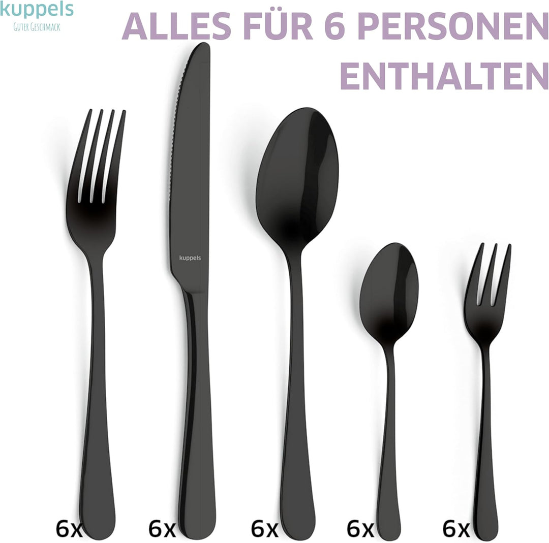Kuppels Delia Besteck-Set 30-tlg, 6 Personen, PVD Edelstahl, Schwarz | Hochglanzpoliertes Set mit 6