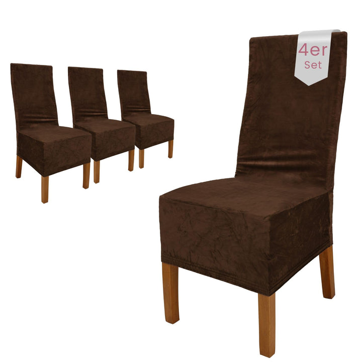 SCHEFFLER-Home Stretch Stuhlhussen Samt Puma Velvet/Velours Stuhlhussen Braun 4er Set/Stuhlabdeckung