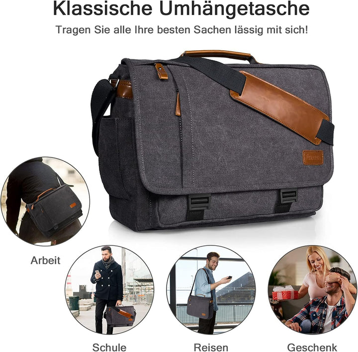 Estarer Laptoptasche 17 Zoll Umhängetasche Canvas für Arbeit Uni Grau 17-17.3