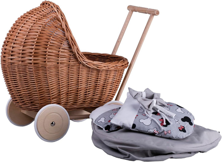 e-wicker24 Alles aus Weide Puppenwagen aus Weide mit Bettwäsche perfekte Geschenkidee Korbpuppenwage
