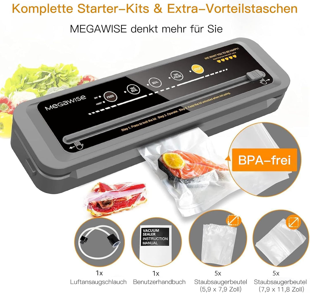 Megawise Vakuumiergerät mit 80 kPa, One-Touch-Automatischer Lebensmittelretter mit trockenen und feu