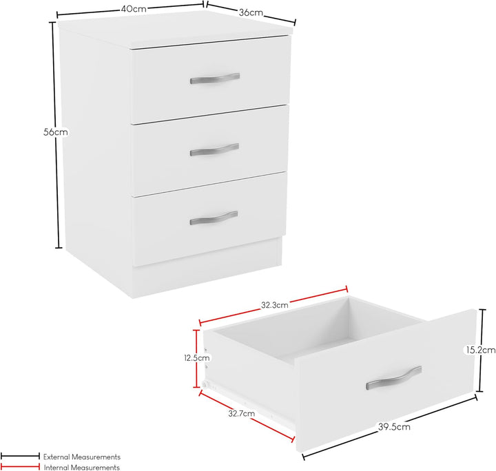 Vida Designs Schrank, weiss, 3 Schubladen, Nachttisch, Metallgriffe und -schienen, silberfarben, 47