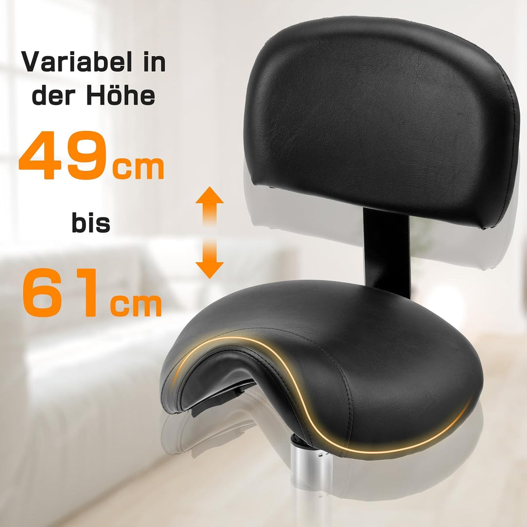 Sattelhocker mit Lehne – 360° drehbarer Hocker mit Rollen und verstellbarer Fussstütze | Sattelhocke