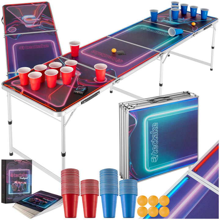 tectake® Bierpong Tisch mit Party Deko LED Beleuchtung, Tisch höhenverstellbar, Klapptisch, Set mit