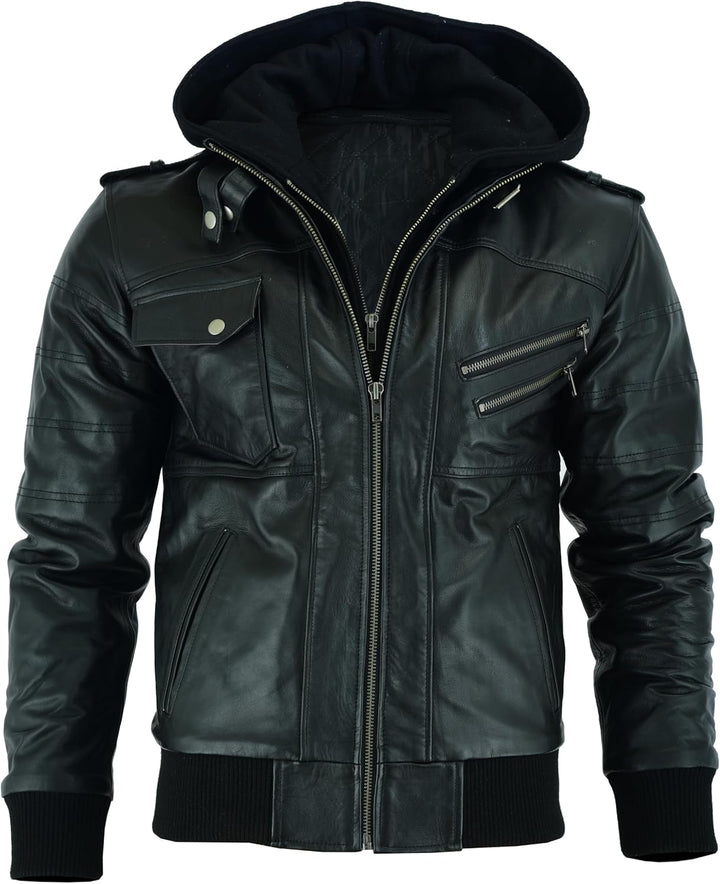 Vance Herren Echt Lederjacke aus 100% Rindsleder Abnehmbarer Hoodie S Schwarz, S Schwarz