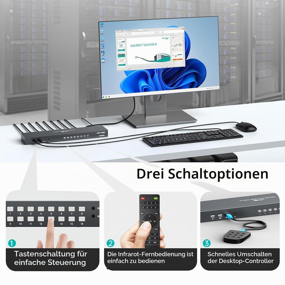 MT-VIKI 4K@60Hz HDMI KVM Switch 8 Port mit 8 Kabeln & 3,5mm Audio 19'' 1U Rackmount-KVM-Switch mit 4