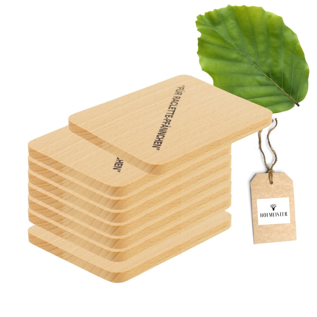 8X HOFMEISTER® Raclette Untersetzer Holz - für Pfännchen aus Holz, mit Aufdruck, schont Raclette-Pfä