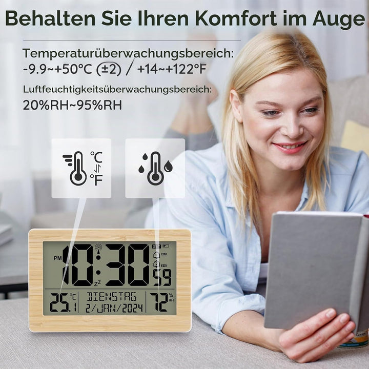 Wecker Digital Funkuhr Tischuhr mit grossem LCD-Display, Kalender, Temperatur, Luftfeuchtigkeit, Hin