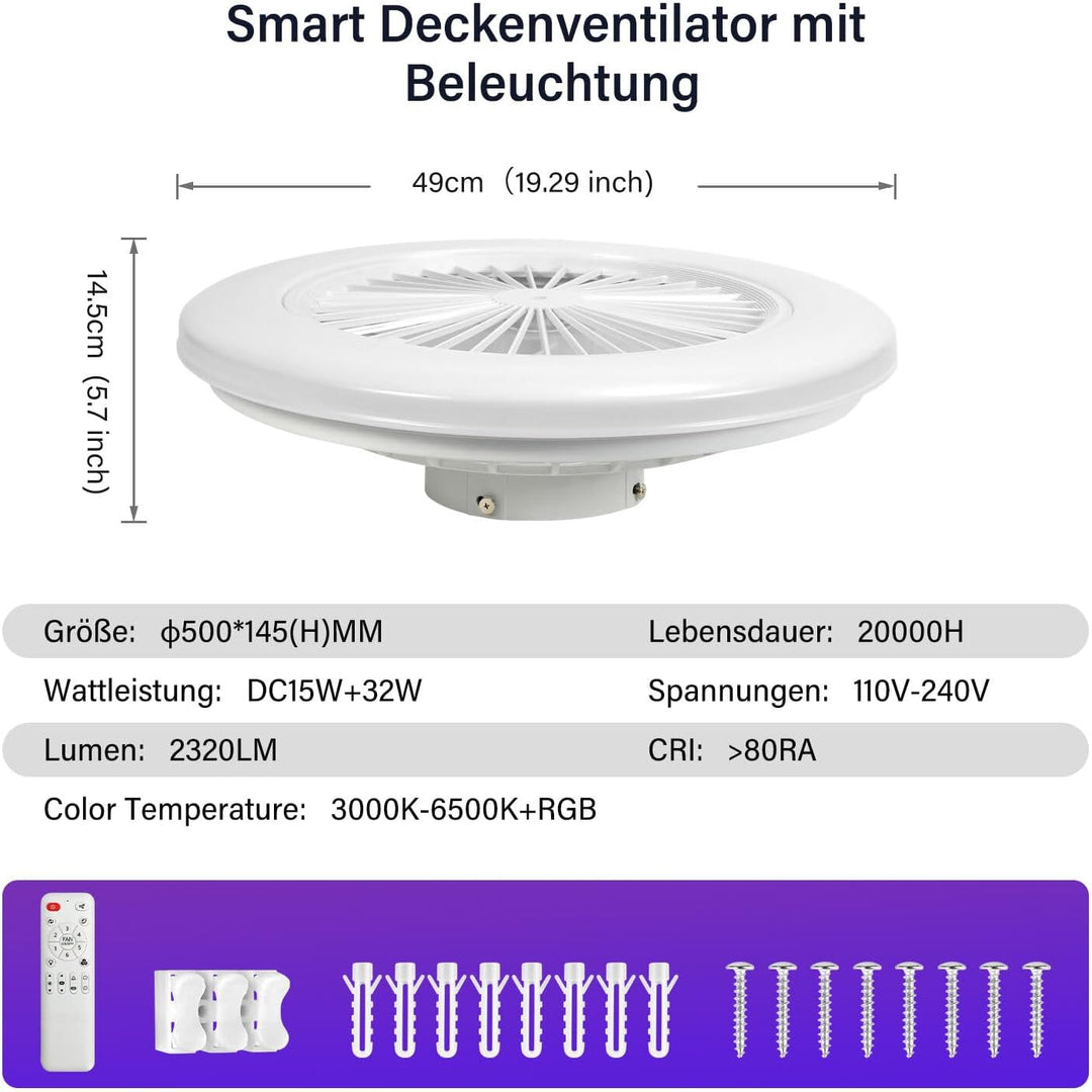 Deckenventilator Mit Beleuchtung, Smart RGB LED Fan Licht, φ50cm Deckenleuchte mit Ventilator, dimmb