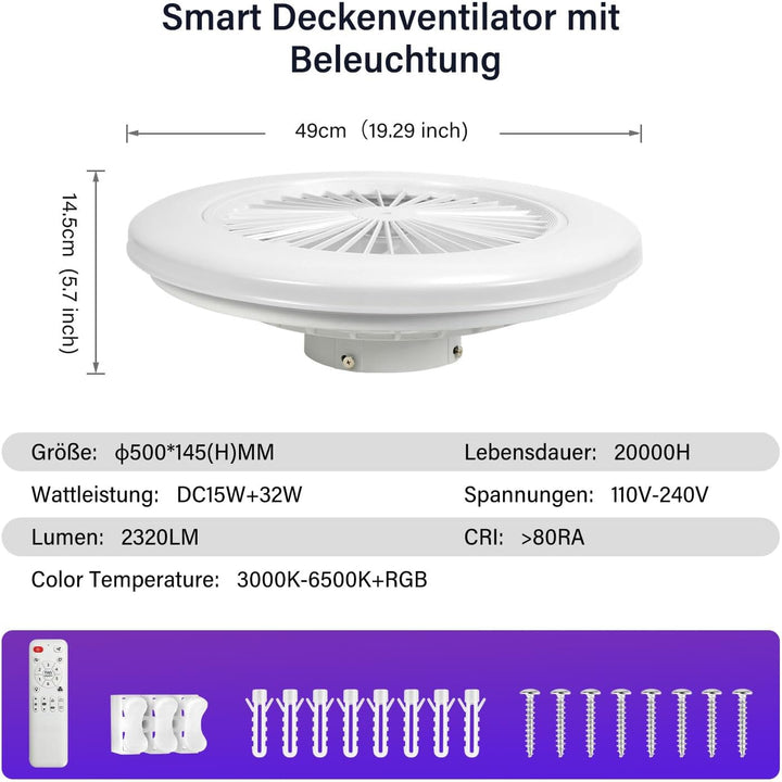 Deckenventilator Mit Beleuchtung, Smart RGB LED Fan Licht, φ50cm Deckenleuchte mit Ventilator, dimmb