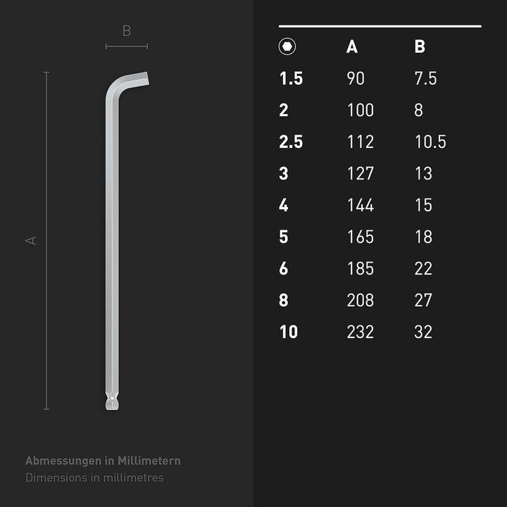 INBUS® 70211 Winkelschraubendreher Set 9tlg, 1.5–10mm, mit 100° Winkel & Kugelkopf — Made in Germany