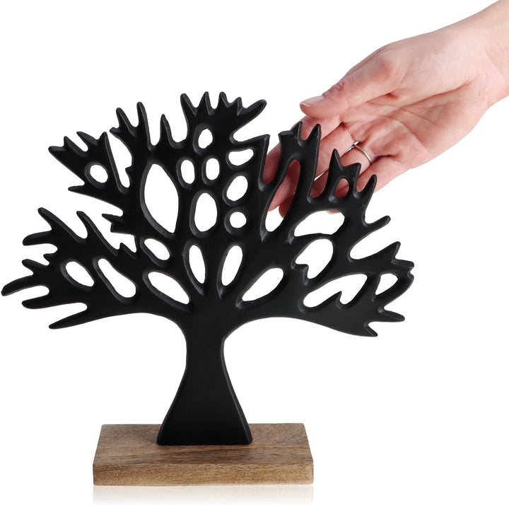 com-four® Deko-Aufsteller Baum - Metall-Baum auf Mangoholz-Sockel - Deko-Baum aus Metall zum Hinstel