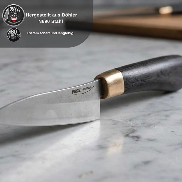 Pirge Handmade X KROP Küchenmesser | 11 cm Gemüsemesser | 60 HRC Edelstahl, 1500 Jahre altem Mooreic