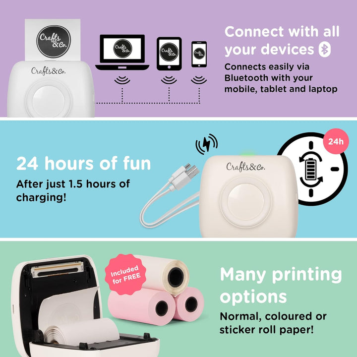 Crafts&Co® Portable Photo Printer, Mobile Mini Printer with 3 Rolls + App, Wireless Pocket Printer,