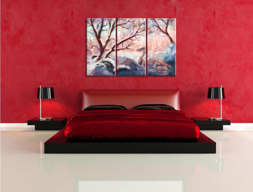 Pixxprint Drache im schneebedeckten Wald Kunst Pinsel Effekt 3-Teiler Leinwandbild 120x80 Bild auf L