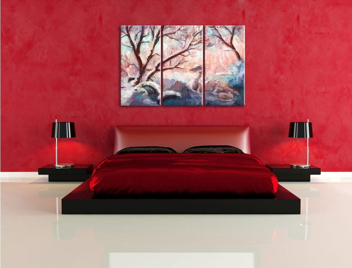 Pixxprint Drache im schneebedeckten Wald Kunst Pinsel Effekt 3-Teiler Leinwandbild 120x80 Bild auf L