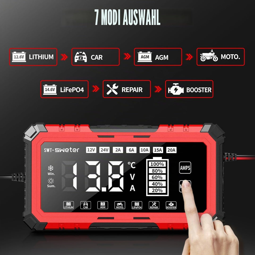 20A Car Battery Charger, 12V/24V Lifepo4 Lead Acid Battery Charger, Upgraded Automobile Smart Trickl