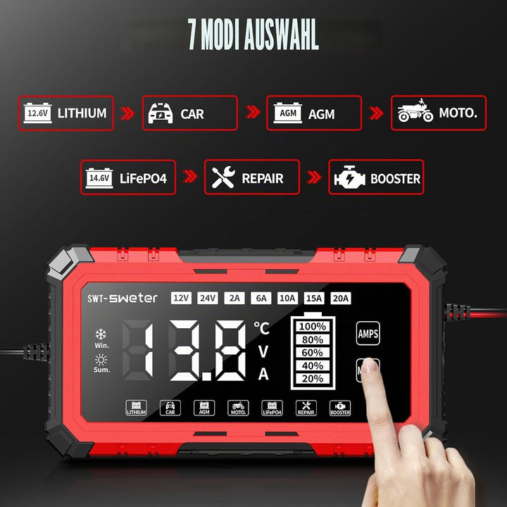 20A Car Battery Charger, 12V/24V Lifepo4 Lead Acid Battery Charger, Upgraded Automobile Smart Trickl