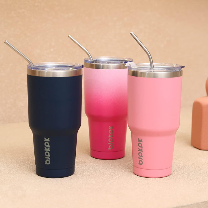 BJPKPK 900 ml Edelstahl-Becher mit Deckel und Strohhalm, doppelwandig vakuumisoliert, isolierter Rei