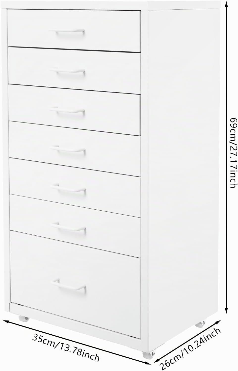 Metall Rollcontainer mit 7 Schubladen, Mobiler Schubladenschrank (Weiss), Weiss