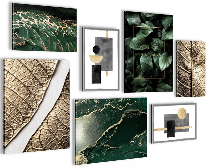 Novart Wandbilder Abstrakt Figuren Blätter - KOMPLETT AUFHÄNGFERTIG - Gold Grün Wohnzimmer Schlafzim