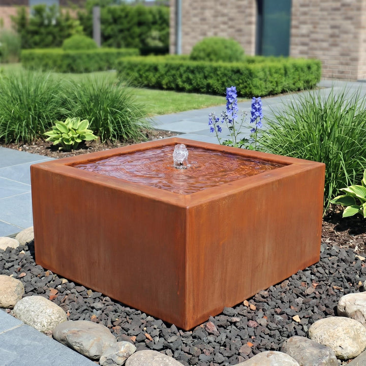 Cortenstahl Brunnen Quadro Quellbrunnen für Garten &amp; Terrasse | Set mit LED Beleuchtung, Viereckig,