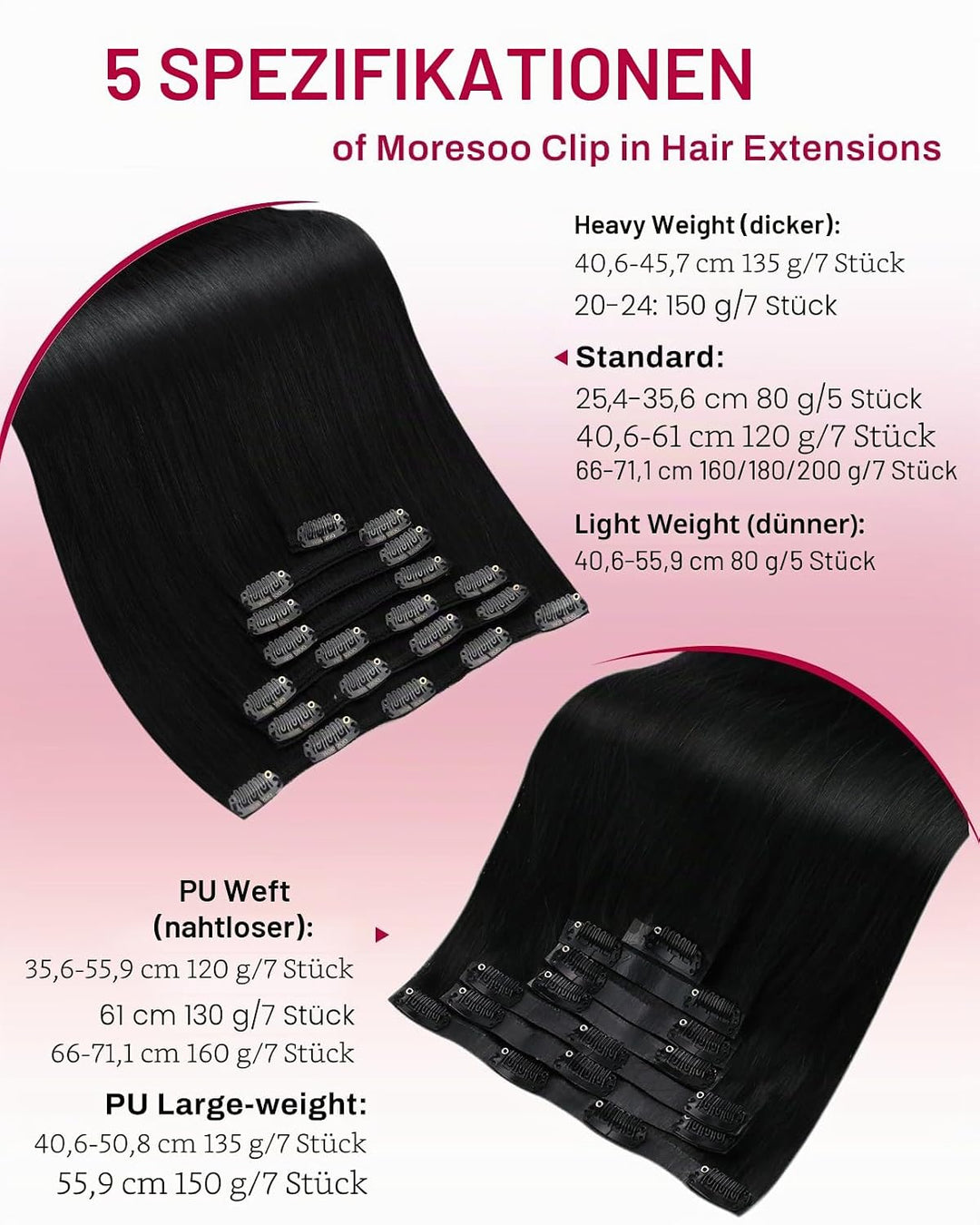 Moresoo Clip in Extensions Echthaar Remy Haarextension Echthaar Clip Doppelt Tressen Clip in Extensi