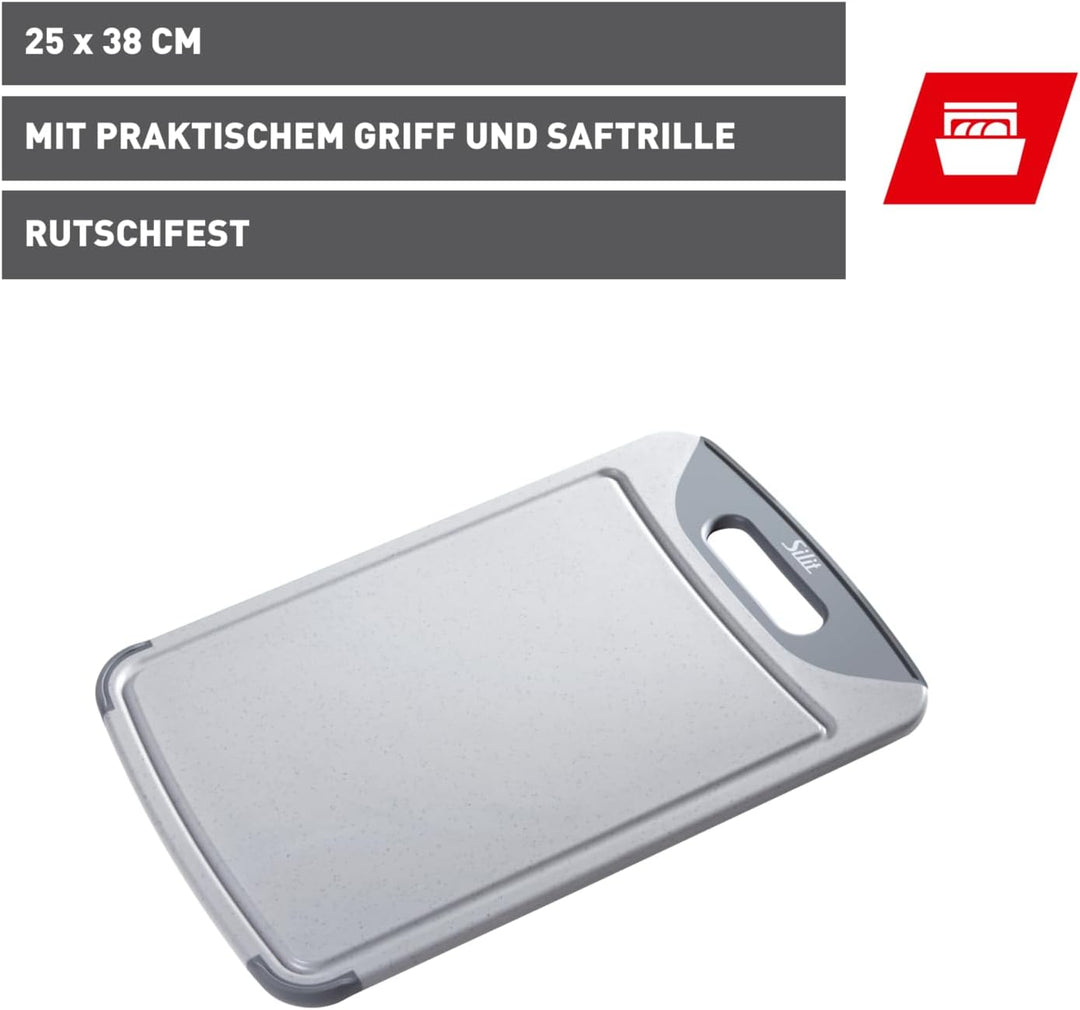 Silit Schneidebrett 38 x 25 cm rechteckig, Kunststoff, Tranchierbrett mit Saftrillen, praktischer Gr