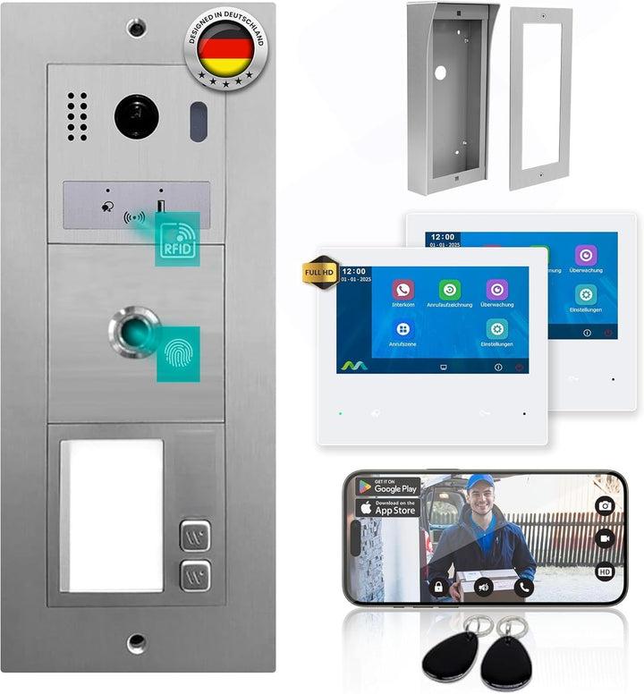 MATHFEL 1 Familienhaus 2 Draht Bus WLAN Video-Türsprechanlage, 2x7 Zoll Monitor mit Full HD 2 Megapi