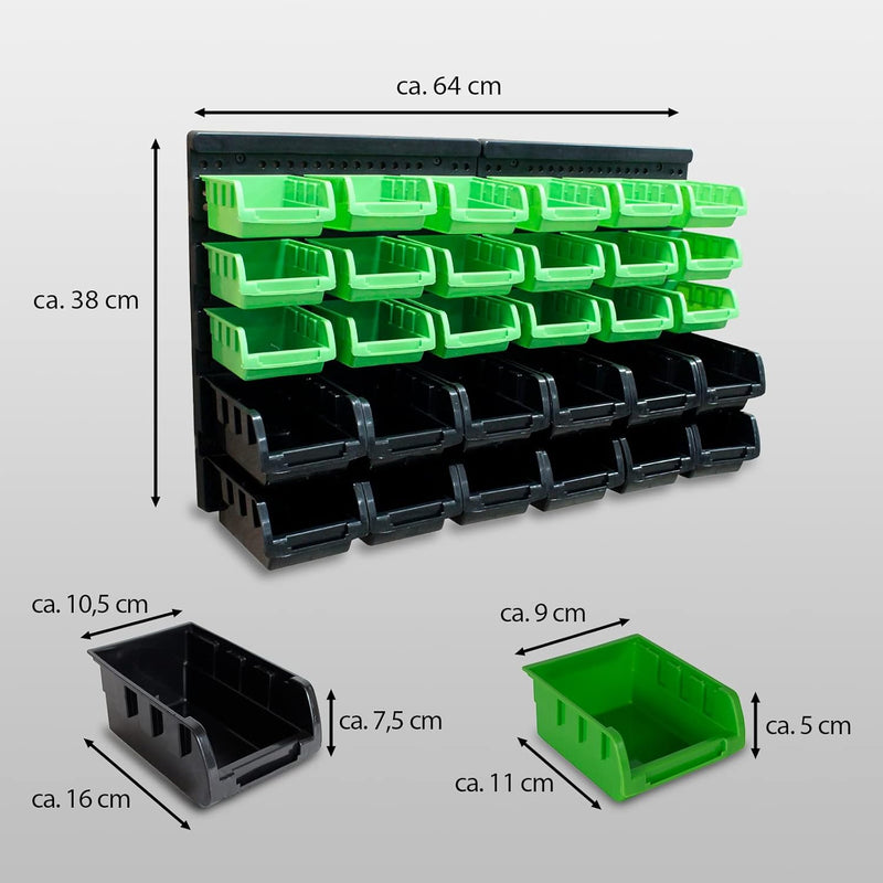 TRUTZHOLM Stapelboxen mit Wandregal 32 TLG Kleinteilemagazin Schütten mit Etikettenfach (grün), Grün