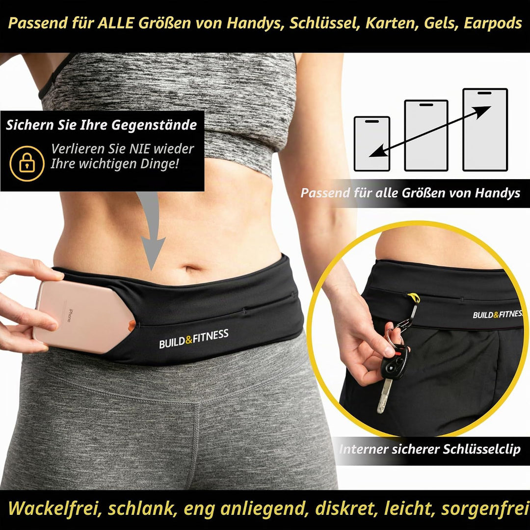 Build &amp; Fitness Lauf Gürtel Damen und Herren, Flip-Taille Gürteltasche, Schlüsselclip - Handytasche