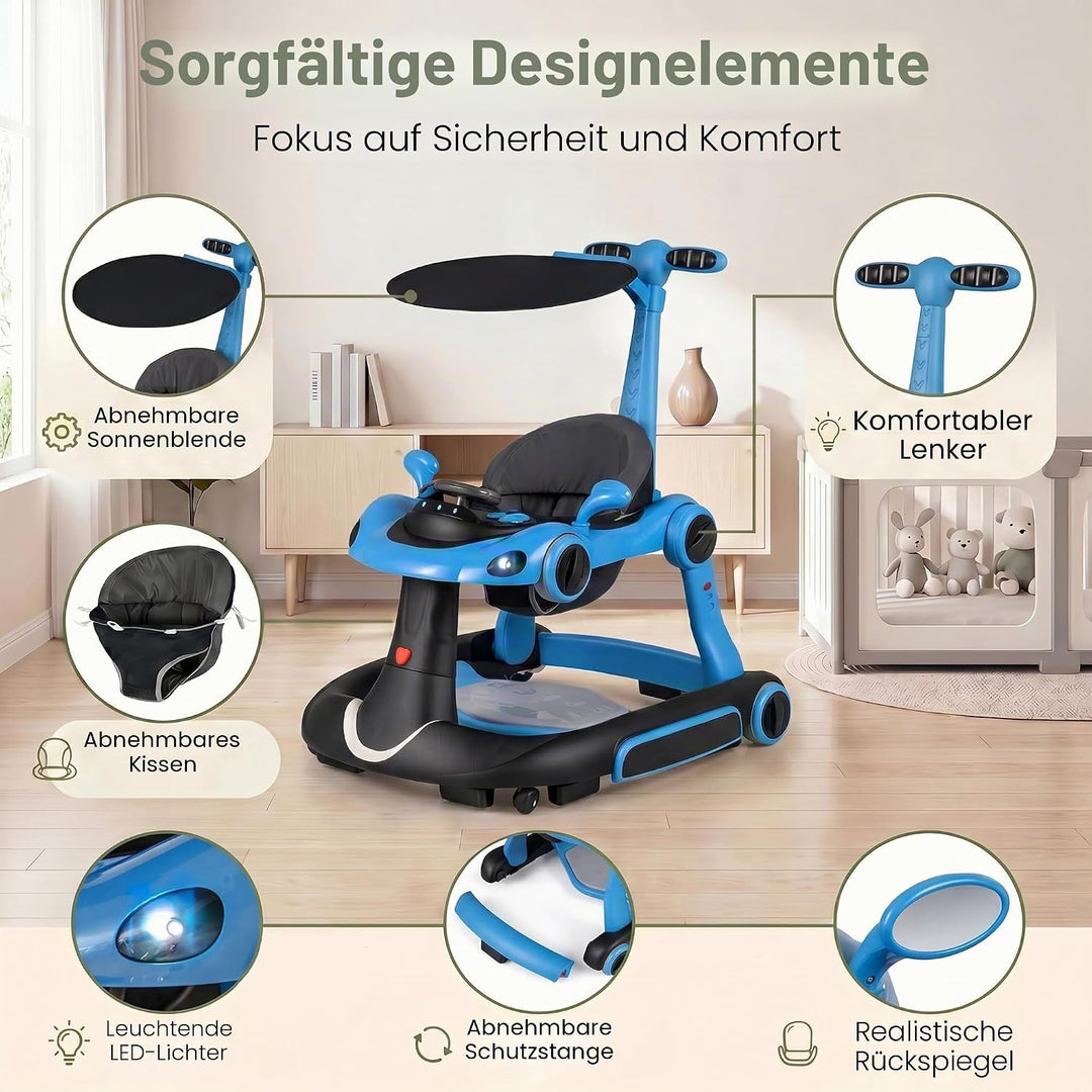 LIFEZEAL Lauflernwagen mit Sonnenschirm, 6-in-1 Lauflernhilfe Gehhilfe Baby mit Licht, Musik, Spiele