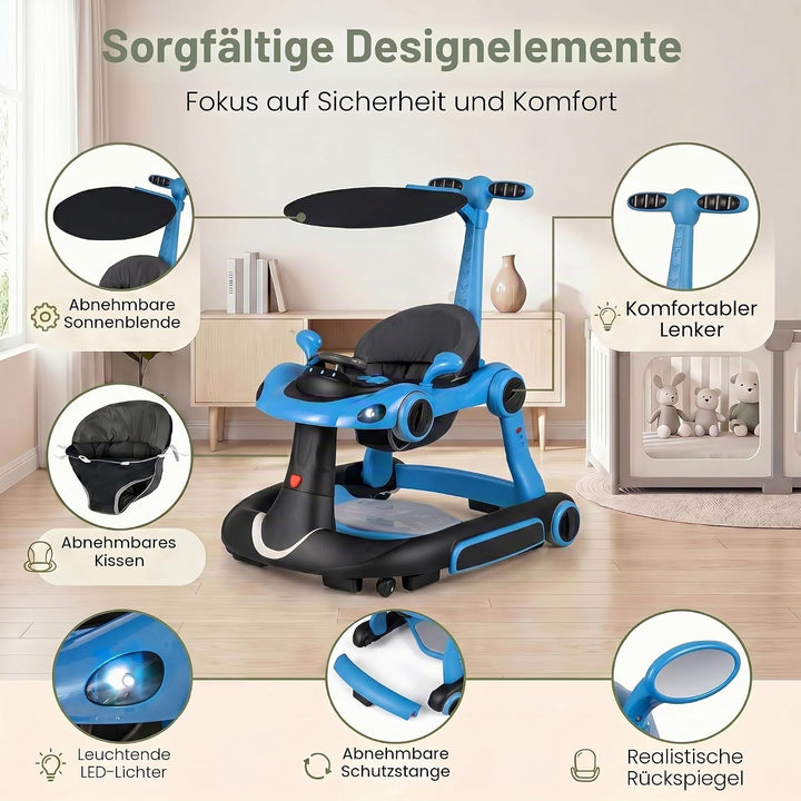 LIFEZEAL Lauflernwagen mit Sonnenschirm, 6-in-1 Lauflernhilfe Gehhilfe Baby mit Licht, Musik, Spiele