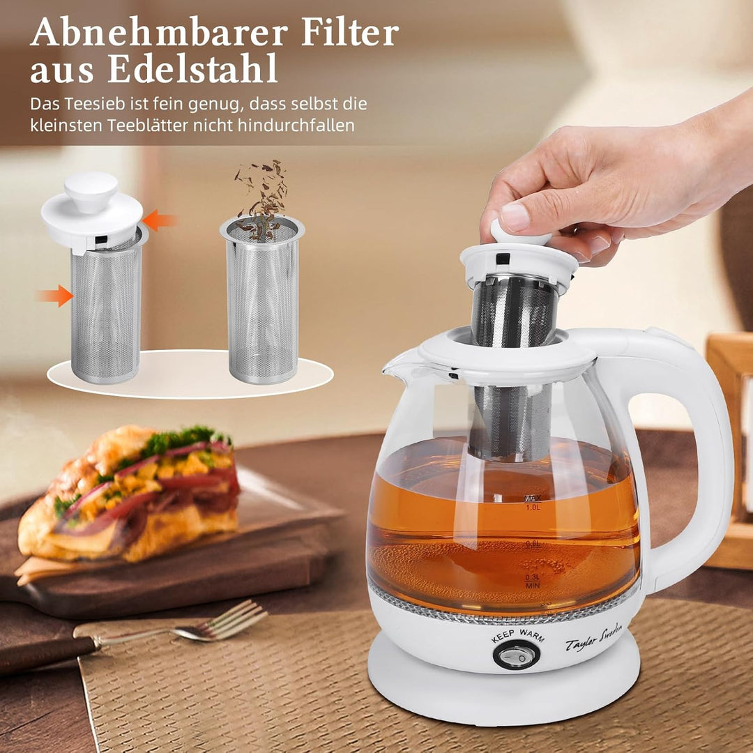 Taylor Swoden Wasserkocher Glas 1 Liter, 2200 W, Elektrischer Wasserkocher mit LED-Beleuchtung, BPA-