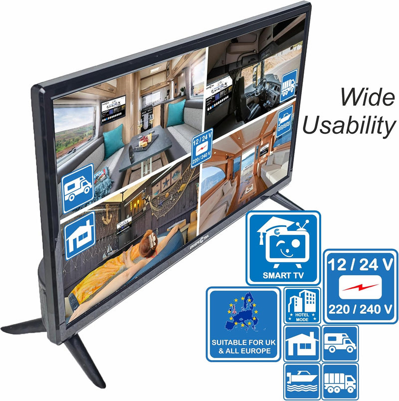 Unispectra® 19“ Smart TV (webOS) HDR 230V 24V Triple Tuner: Satellit, Antenne, Kabel TV, 3xHDMI, 2xU