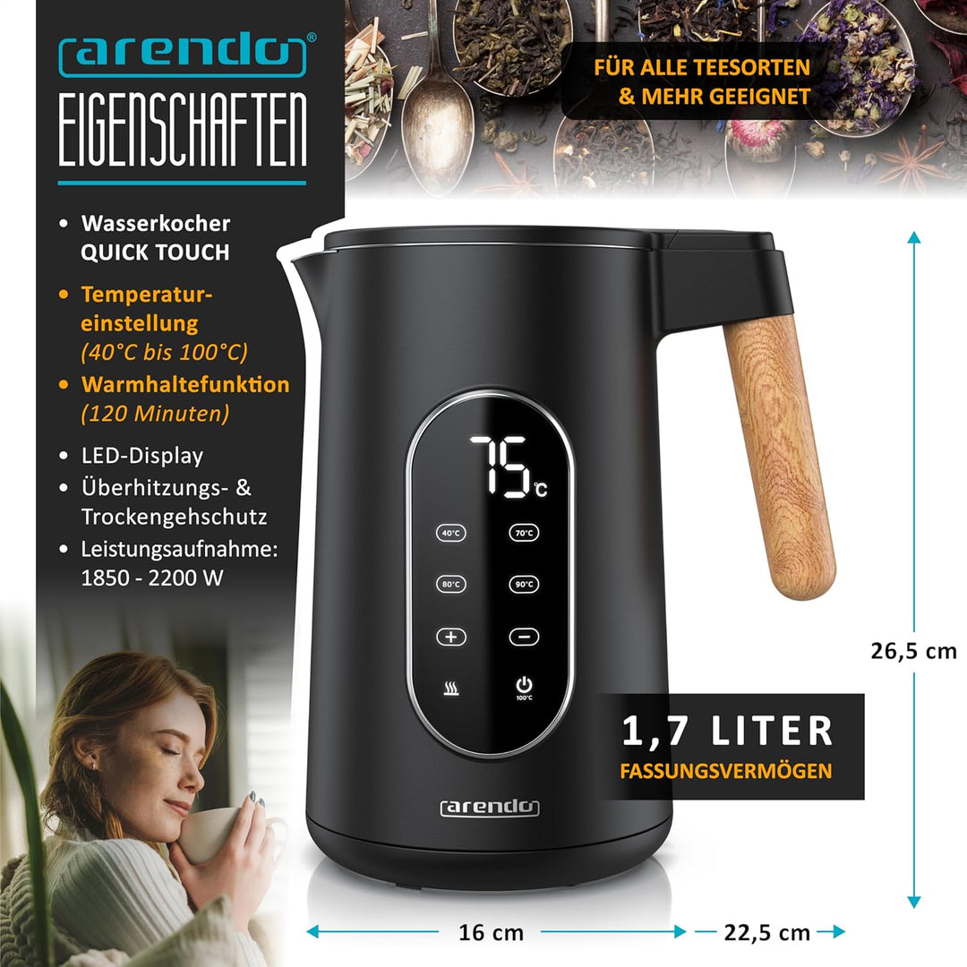 Arendo - Edelstahl Wasserkocher mit Temperatureinstellung 40-100°C - Doppelwand Design Cool Touch -