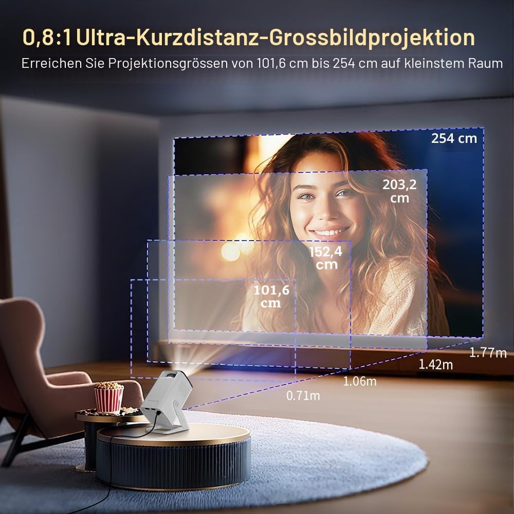 4K 1080P unterstützt Mini Beamer mit Android 11 OS Klein Projektor mit WiFi 6 Bluetooth 5.4, 270° Dr