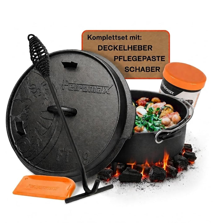 Petromax Feuertopf ft9 Set Einsteiger – bestehend aus Feuertopf ft9, Deckelheber, Schaber, Pflegepas