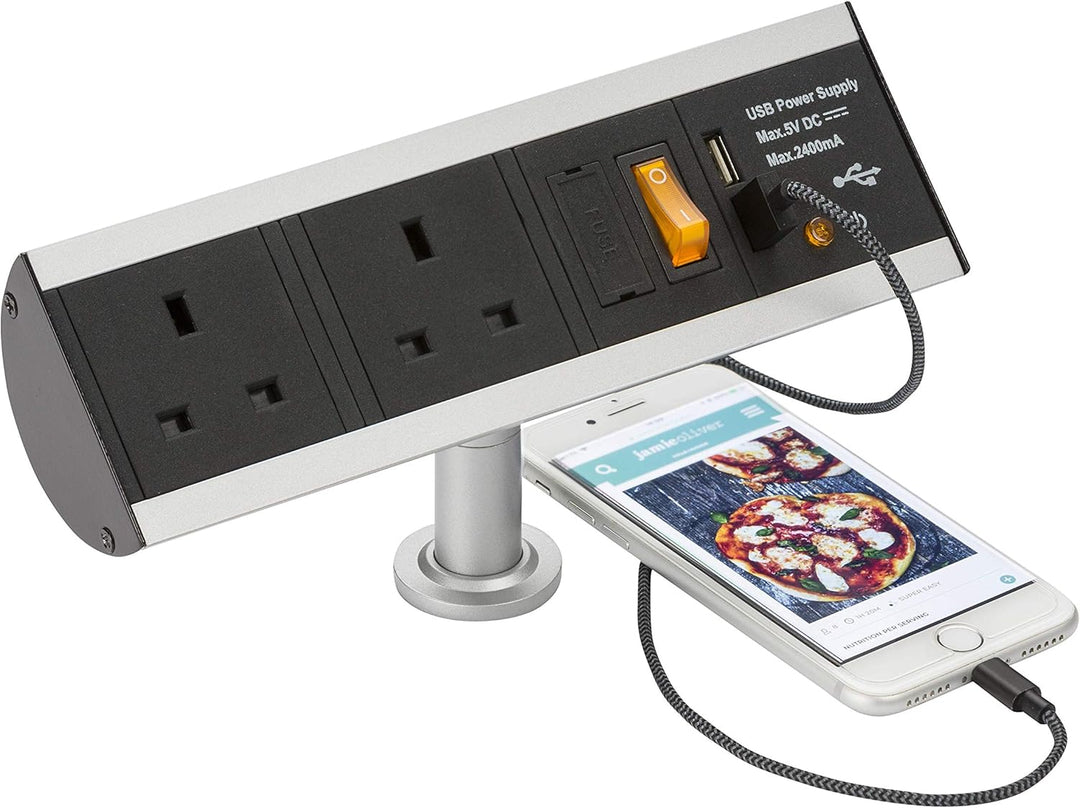 Vertikale Kraftstation, Twin socket with USB, Schwarz, 1 Raised - Stil 1, Raised - Stil 1