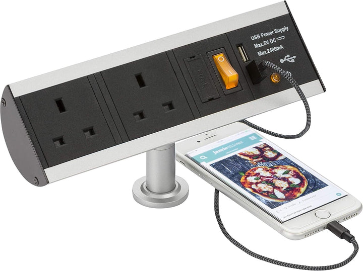 Vertikale Kraftstation, Twin socket with USB, Schwarz, 1 Raised - Stil 1, Raised - Stil 1