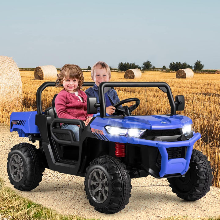 GOPLUS Kinder Elektroauto, 2-Sitzer Kinderauto mit Kippbett & Schaufel, Fernbedienung, Musik, Schein